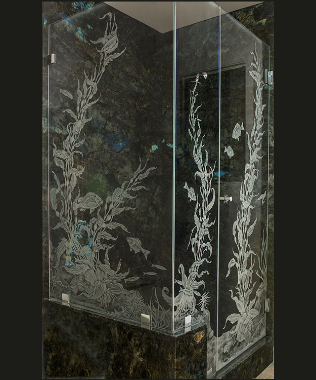 Etched glass shower doors, etched glass shower enclosure